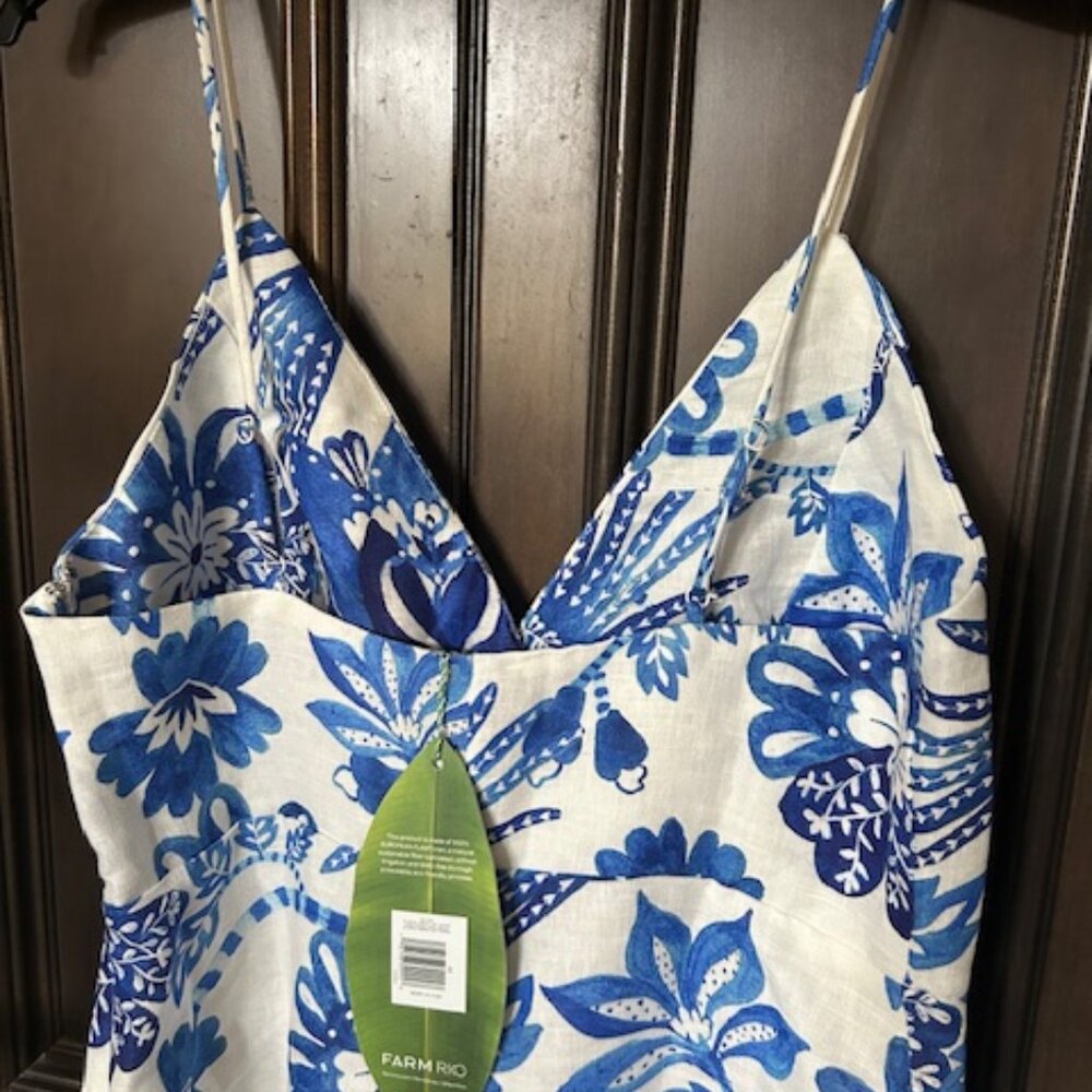 Farm Rio FloralBirds Off White 100% Linen Mini Dress with Adjustable Straps - Picture 5 of 15